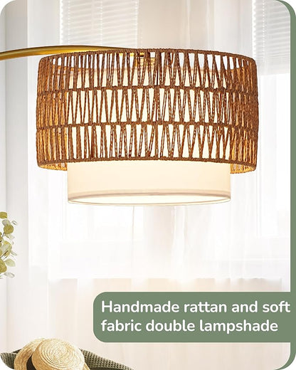 EDISHINE Gold Floor Lamps for Living Room, 76" Arc Floor Lamp with Remote & Dimmable Bulb, Boho Rattan Standing lamp with 5 Color Temperatures, Adjustable Tall Lamp for Bedroom, Office, Nursey