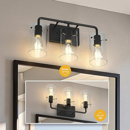 L LOHAS LED 3-Light Bathroom Light Fixtures, 17.71" Black Bathroom Vanity Light with Straight Glass Shades, Modern Vanity Lights for Bathroom Light Fixtures Over Mirror Living Room Hallway, E26, ETL
