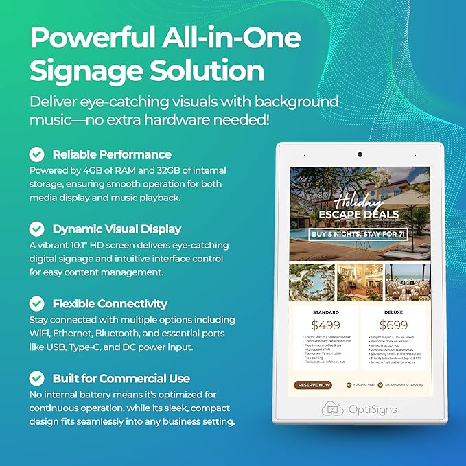 OptiSigns OptiKiosk 10 - Countertop Digital Signage Kiosk, 10.1" HD Touchscreen Display with Wi-Fi, Ethernet & Bluetooth, Software, Optional Background Music