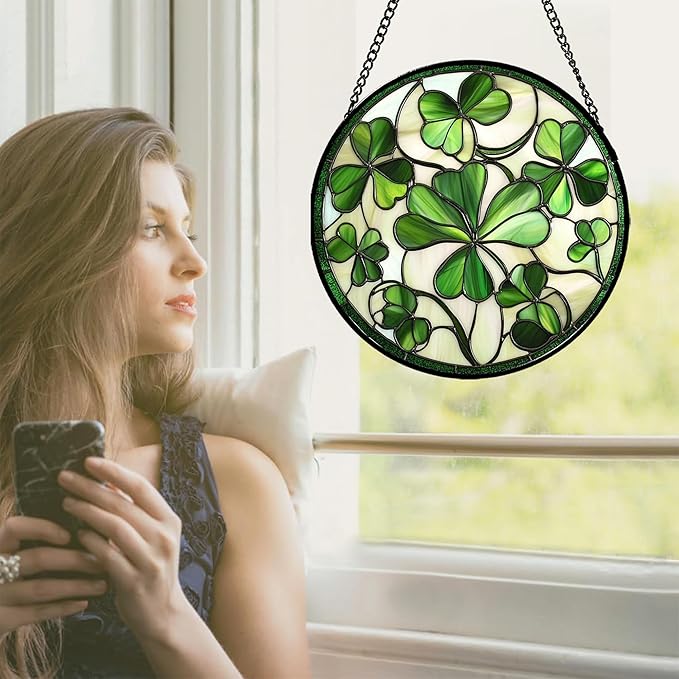 CRISGIF Stained Glass Window Hanging - Ireland Green Lucky Clover Suncatcher for Doors Garden St. Patrick's Day Sun Catchers Decor Mother's Day Birthday for Women Men Mom Nana 6.3 in