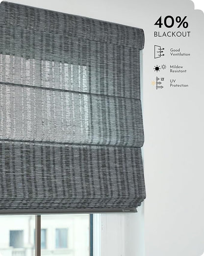 Graywind Smart Natural Roman Shades Compatible with Alexa Google Rechargeable Light Filtering Motorized Blinds with Remote Plain Fold for Doors Bedroom, Custom Size (Striped Charcoal)