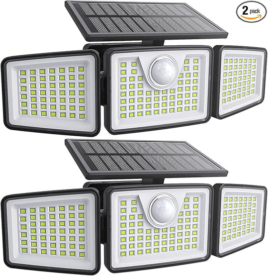 daphino 2500LM Solar Lights Outdoor with Motion Sensor,3 Head 270° Wide Angle Street Area Lights,IP65 Waterproof Security Lighting with 3 Modes(Remote,2 Pcs)