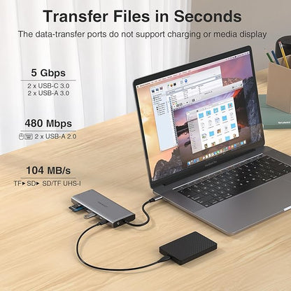 USB C Hub USB-C Docking Station Dual Monitor 14 in 1 Triple Display Multiport Adapter with 2 HDMI+DP+7 USB Type C/A Ports+Ethernet+Audio, USBC Dongle for Dell/HP/Lenovo ThinkPad/Surface(Grey)