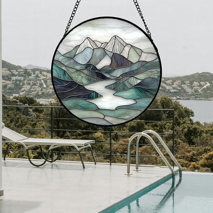 AMDERVEN Stained Glass Window Hanging 4 Pcs Set Mountain River Landscape Large 11.8" - Suncatcher Door Garden Sun Catcher Decor Birthday Mother's Day for Mom Woman Nana Girl Boy Friend