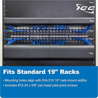 ICC 2U Ring Cable Manager Panel with Cover, Plastic with Metal Back Frame, 4" D-Rings, Horizontal Cable Management, Rackmount for 19” Network Racks, Black, Single Pack