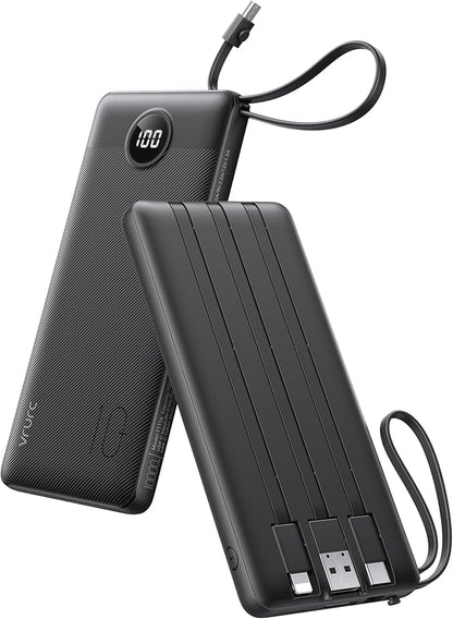 VRURC Portable Charger with Built in Cables, Slim Power Bank 10000mAh, USB C Battery Pack Travel Essential, 5 Outputs 2 Inputs Phone Charging Bank for iPhone 16 15 14 13,Samsung,Android-Black(1 Pack)