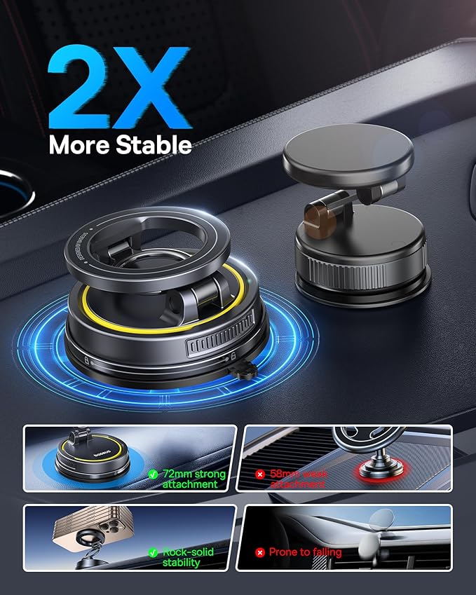 Baseus for Magsafe Car Mount, Vacuum 119LBS Magnetic Suction Cup Phone Holder for Car, 720° Adjustable Foldable Cell Phone Holder with Reusable Washable Gel for Car & for iPhone 16 15 14 13 Pro Max