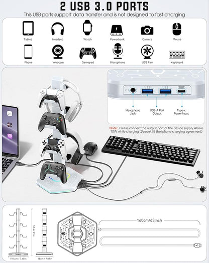 Kytok RGB Controller Holder for PS5/PS4/Xbox/Switch, Headphone Stand with 2 USB Charging Ports and Type-C and Headphone Jack, Headset Holder with Cable Organizer, Controller Stand for Desk, 4 Tiers