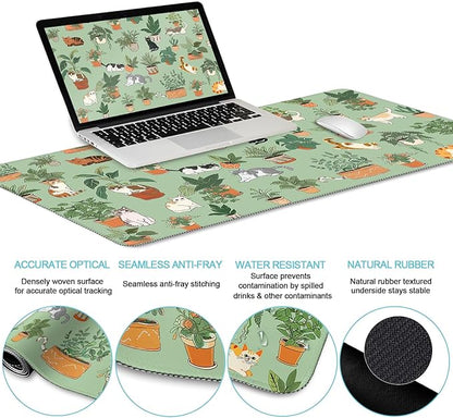 LIMKRIAN Cat Mouse Pad XXL Desk Mat Set, Green Ergonomic Mouse Pad with Wrist Rest, Large Gaming Mousepad Wrist Support Keyboard Mat Cup Coaster Set Cute Office Desk Decor Accessories