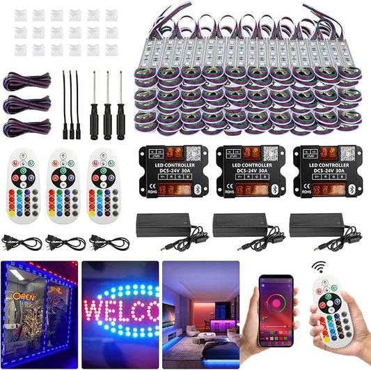 POWLAB 120Ft SMD5050 RGB storefront led lights with Smart Control, 240 LEDs Super Bright Waterproof led rgb module lights for Storefront Window Display, Business Signs, Letter Advertising, Dual Remote