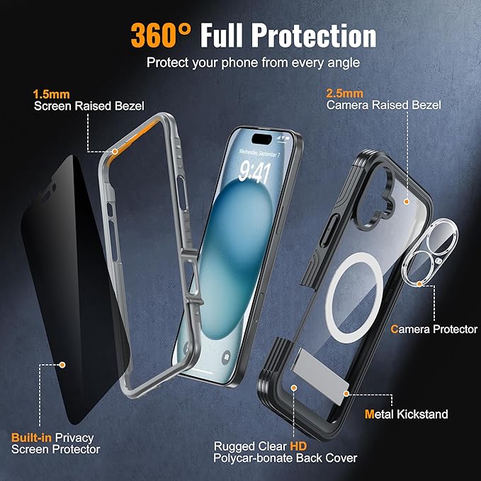 Magnetic & Stand for iPhone 16 Plus Case Built-in Privacy Screen Protector[360° Full Body Protection][Fit for Magsafe][Lens Protector] Heavy Duty Shockproof Phone Case for iPhone 16 Plus Black