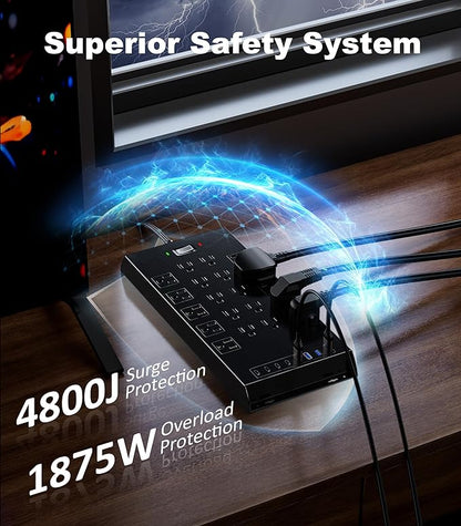 Surge Protector Power Strip 4800J, LeZone 10Ft Long Extension Cord Flat Plug, 20 Outlets 4 USB-A 4 USB-C Ports, Wall Mountable, Home Office Dorm Essentials, Black