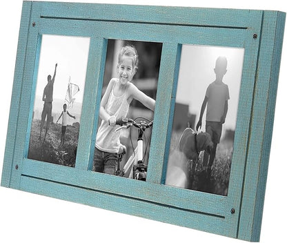 Americanflat Hinged 4x6 Triple Picture Frame with 3 Photo Openings and Polished Glass - Distressed Wood Collage Picture Frames for Tabletop and Wall Display - Hampton Collection - Turquoise Blue