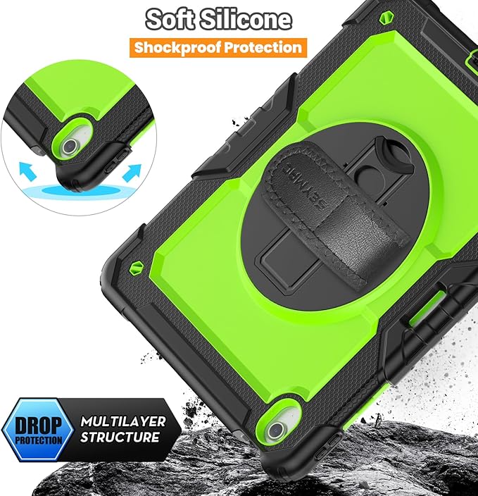 SEYMAC for iPad Air 13 Inch Case M3 2025/ M2 2024, Heavy Duty Shockproof Protective Case with Screen Protector, 360° Rotating Stand, Hand/Shoulder Strap and Pen Holder for iPad Air 13, Green