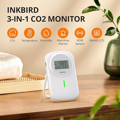 INKBIRD CO2 Monitor Ndir CO2 Detector 3 in 1 Meter | Carbon Dioxide & Temperature & Humidity Air Quality Monitor Indoor Battery Powered | Dual Alarm System | for Home, Office, RV, Grow Tent (IAM-O2)