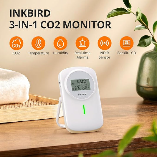 INKBIRD CO2 Monitor Ndir CO2 Detector 3 in 1 Meter | Carbon Dioxide & Temperature & Humidity Air Quality Monitor Indoor Battery Powered | Dual Alarm System | for Home, Office, RV, Grow Tent (IAM-O2)