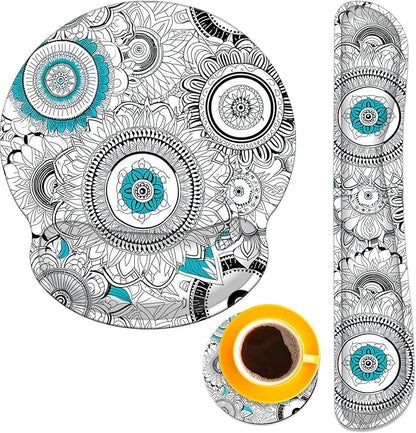 Keyboard Wrist Rest and Mouse Pad Wrist Support Set with Coasters,Non-Slip PU Base Ergonomic Gaming Mousepad for Home Office Working Studying Easy Typing & Pain Relief,Mandala Flowers