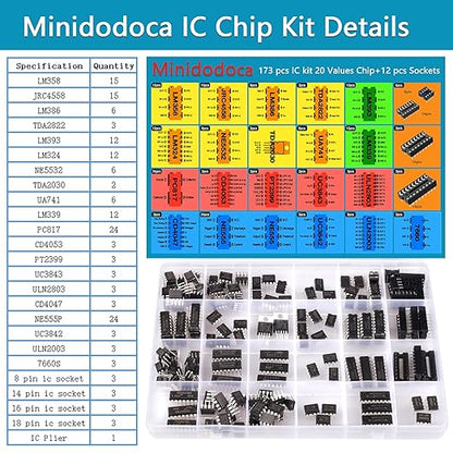IC Chips kit Minidodoca 173 pcs 20 Values Chip Assortment Set+12 pcs Sockets;Integrated Circuits op amp kit 555 Timer IC Included NE555,LM358, LM324, LM393, LM339, NE5532, LM386,UA741,IC Plier etc