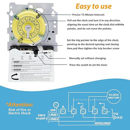 T104M Mechanical Time Switch,208-277 VAC 5HP 40A DPST Time Switch,24 Hour 12 ON/Off,Mechanism Only,Heavy Duty Electromechanical Outdoor/Indoor Timer for Pool Pump and Water Heater Lighting