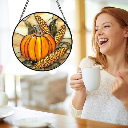 DASTOLL Stained Glass Window Hanging Autumn Harvest Pumpkin Corn Large 11.8" - Suncatcher Door Garden Kitchen Sunroom Sun Catcher Fall Home Decor Birthday for Mom Grandma Men Woman