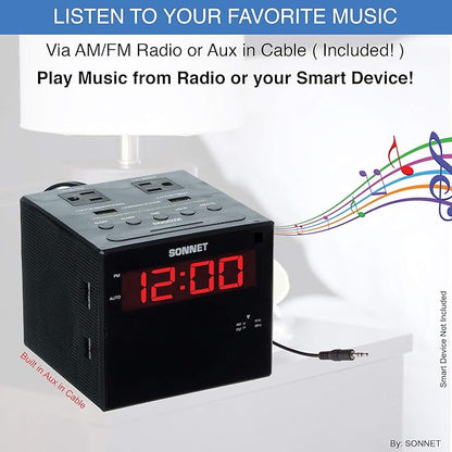 Sonnet Alarm Clock Charging Station, AM FM Radio, Dual USB Charging Ports, Dual AC Outlets, Very Loud Alarm Clock for Heavy Sleepers and The Hearing Impaired for Desk, Bedroom