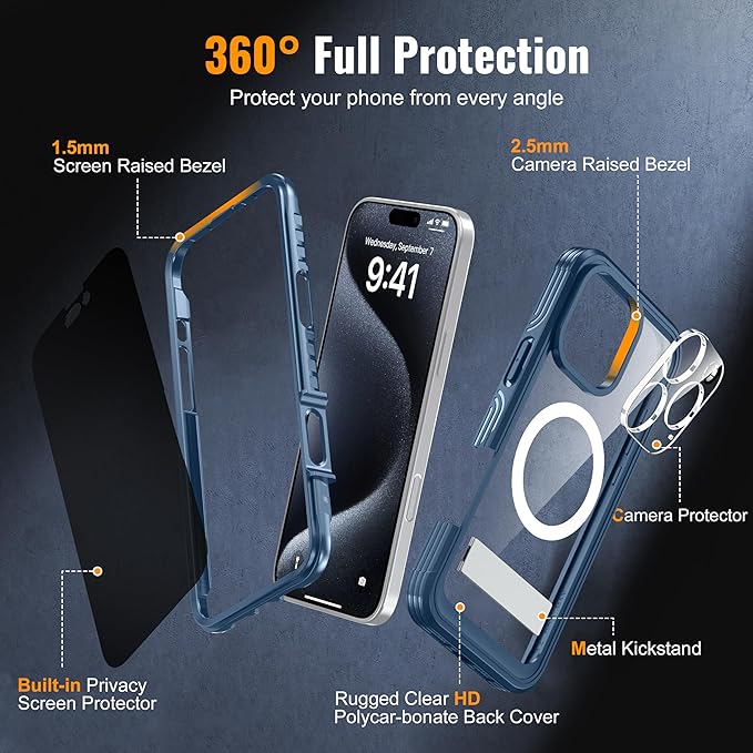 360° Protection Magnetic for iPhone 16 Case Built-in 9H Privacy Screen Protector & Metal Stand[Fit for Magsafe][Anti-Spy][Lens Protector] (Dark Blue, Phone 16 Pro Max)