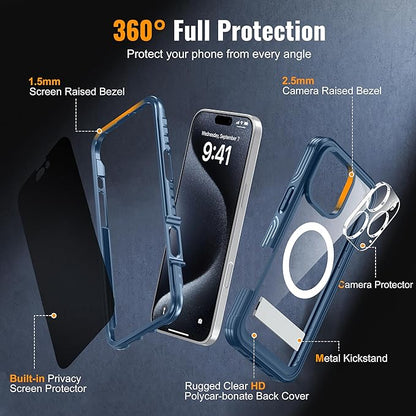 360° Protection Magnetic for iPhone 16 Case Built-in 9H Privacy Screen Protector & Metal Stand[Fit for Magsafe][Anti-Spy][Lens Protector] (Dark Blue, Phone 16 Pro Max)