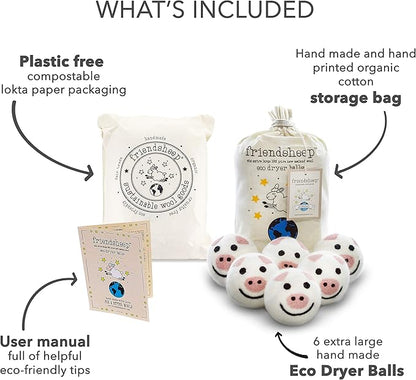 Friendsheep Wool Dryer Balls, Organic Reusable Fabric Softener Alternative for Laundry, Handmade, Fair Trade, Hypoallergenic, Eco-Friendly, Plastic-Free (6 Pack XL – Pig- Piggy Band)