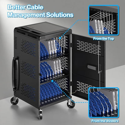 8 Pack | Fully Assembled 30 Bay Multi Device Charging Station for Chromebook,iPad,14'' Laptop,Pre Built Computer Charging Cart with Charger Cable Management,Circuit Breaker,Grounding Protection(Black)