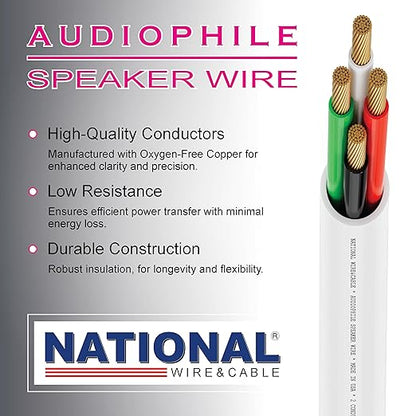 NATIONAL Wire&Cable - 16/4 Audiophile Speaker Wire (500 Feet) 16AWG Gauge - Made in USA - in Wall Audio Speaker Wire Cable/CL Rated/ETL Listed / 2 Conductors - OFC Oxygen-Free Copper, White 500ft