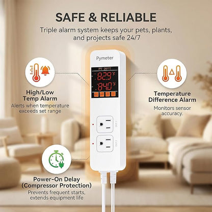 Pymeter Digital Temperature Controller Dual Probe Reptile Thermostat Controlled Outlet for Terrarium Heat Mat Heating Pad, Switch Cooling Fan Freezer Fridge ON & Off at Setpoints 10A 1200W