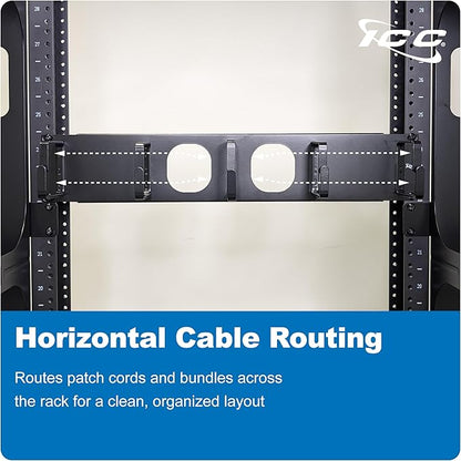 ICC 2U Ring Cable Manager Panel with Cover, Metal, 3" D-Rings, Horizontal Cable Management, Rackmount for 19” Network Racks, Black, Single Pack