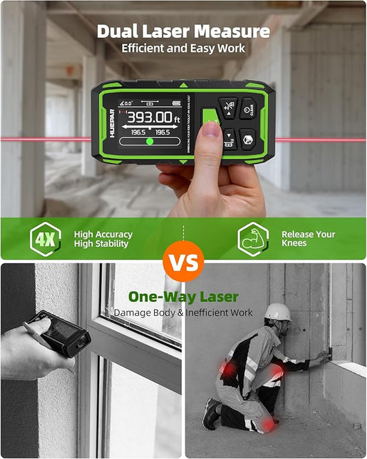 Huepar Professional Dual Laser Measuring Tool 393ft, Rechargeable Bilateral Laser Measurement Tool, Digital Laser Room Measure Devices, Metro Laser Measurement Tool with Angle Sensor, Magnetic Back