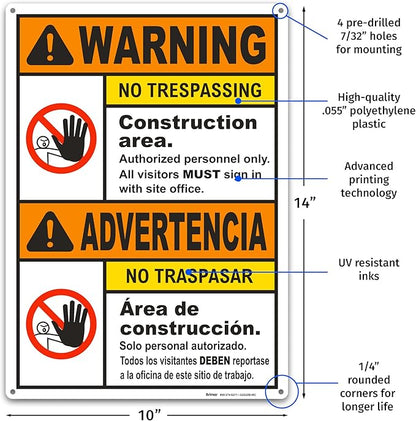 Brimar - 10" x 14" - Bilingual Warning Construction Area No Trespassing Sign - .055″ Polyethylene Plastic - Bold Text - Easy Installation
