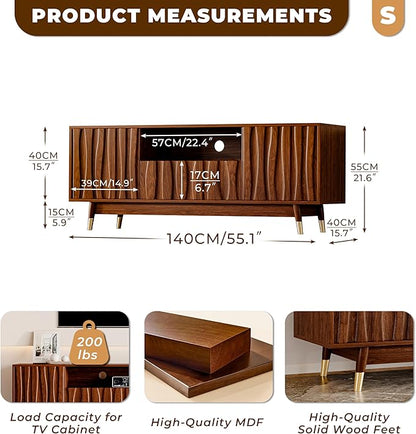 ATJafurn 55‘’ Brown Walnut Finish TV Stand for 32/43/55 Inch TVs, Mid Century Modern Wood Media Console Entertainment Center with Drawer and 2 Cabinets for Living Room Bedroom