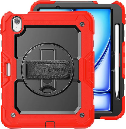 timecity Case for iPad Air 11 Inch M3/ M2 (2025/2024), 360° Rotating Stand, Pencil Holder & Wireless Charging, Shockproof with Screen Protector & Shoulder Strap - for Designers, Red