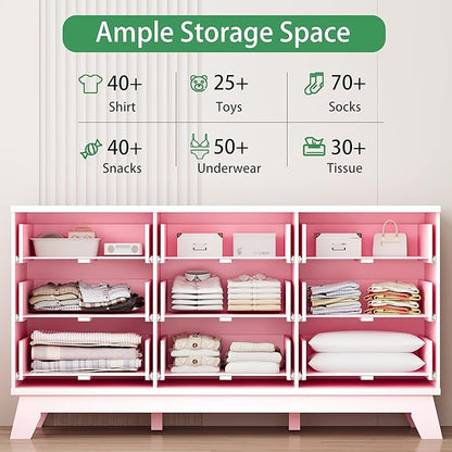 Xixini Fluted Dresser for Bedroom with 9 Drawers, 57" Wide Modern Chest of Drawers with Metal Handle, Wooden Dresser TV Stand, Wood Closet Clothes Storage Organizer for Living Room, Hallway, Pink