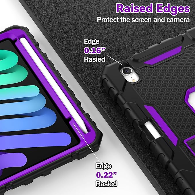 Grifobes Case for iPad Mini 7 (A17 Pro) 2024 / Mini 6 2021 8.3 inch, Heavy Duty Shockproof Rugged Cover with Pencil Holder Stand, for I Pad Mini 7th/6th Gen 8.3" for Kids Girl (Black+Purple)