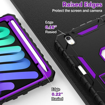 Grifobes Case for iPad Mini 7 (A17 Pro) 2024 / Mini 6 2021 8.3 inch, Heavy Duty Shockproof Rugged Cover with Pencil Holder Stand, for I Pad Mini 7th/6th Gen 8.3" for Kids Girl (Black+Purple)