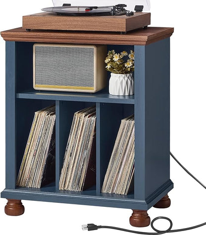 Joaxswe Record Player Stand with Charging Station Up to 200 Albums, 24" Wide Mid-Century Record Player Table with Vinyl Record Storage,Large Wood Turntable Stand Dispaly Cabinet for Living Room,Blue