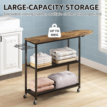 GILLAS Ironing Board with 2 Tier Storage Basket, Movable Ironing Board Full Size for Iron Rest & Clothes, Tabletop Ironing Boards, Ironing Stand Iron Boards Ironing Table Rustic