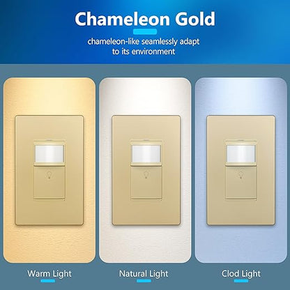 LIDER Motion Sensor Switch with Screwless Wall Plate, UL Listed, PIR Sensor Switch, Occupancy/Vacancy, No Neutral Required, Ground Wire Required, 1-Pole, Modern Smart Home, Gold