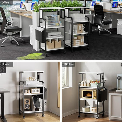 DongRong Tall Printer Stand with Storage Adjustable Shelf and Bag, 4-Tier Large Printer Table with Charging Station for Home Office, Printers Cart with Wheels for 3D Shredder Scanner Fax (White)