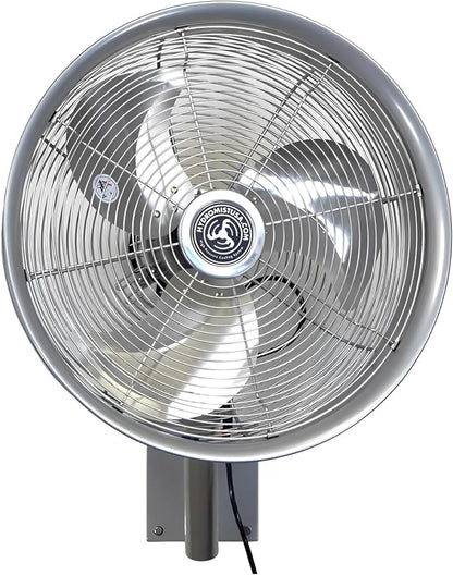 Hydromist Oscillating Wall Mounted Outdoor-Rated Fan, 3-Speed Cord Control, Hard Resin Fan Blade with Mounting Bracket and Black Cover, 18”, Metallic Silver