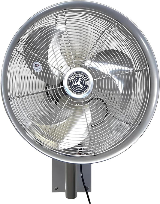 Hydromist Oscillating Wall Mounted Outdoor-Rated Fan, 3-Speed Cord Control, Hard Resin Fan Blade with Mounting Bracket and Black Cover, 18”, Metallic Silver