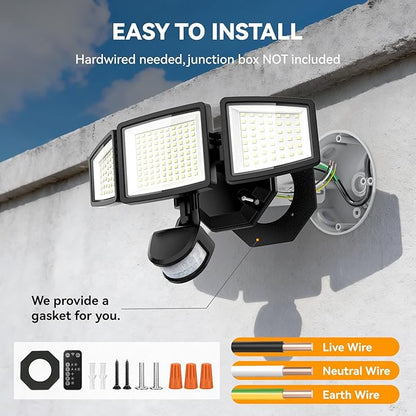 PURICH LED Security Lights Motion Sensor Light Outdoor, 7000LM, 6500K, Waterproof, Flood Light Outdoor Motion Detector with Adjustable 3 Head, Hardwired Wall Light for Entryway, Yard, Garage (2)