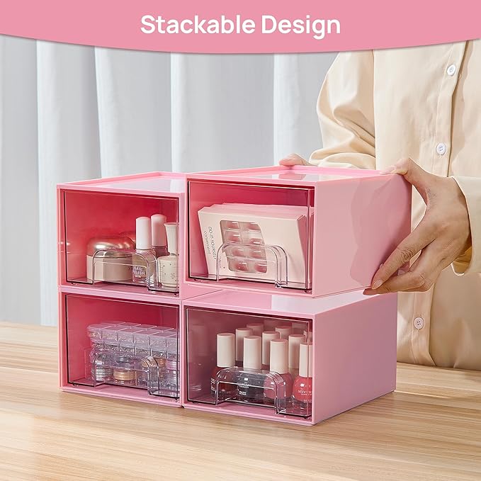Vtopmart 4Pack Small Stackable Storage Drawers, Bathroom Makeup Organizer,Plastic Storage Bins For Vanity, Undersink, Kitchen Cabinet, Pantry, Home Organization(Pink)