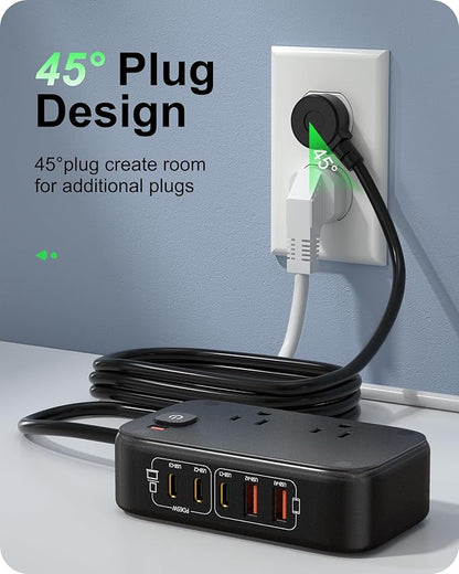 KWRNVO 7-in-1 Power Strip, PD GaN 65W USB C Power Strip with 3 USB-C, 2 USB-A Ports and 2500W AC Outlet, Flat Plug Essentials for Home/Office/College/Travel (Pearl Black, 65W)