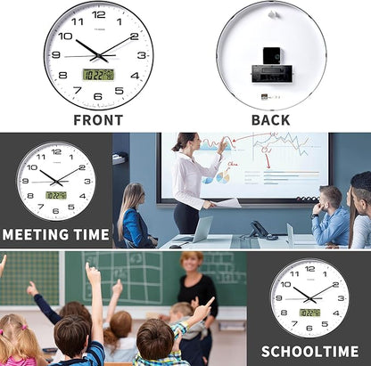 TIMESS Wall Clock, 14" Large Dial Non-Ticking Silent Battery Operated Analog with LCD Display for Perpetual Calendar and F° Temperature, Ideal Modern Home, Bedroom, Office Decor (Black)