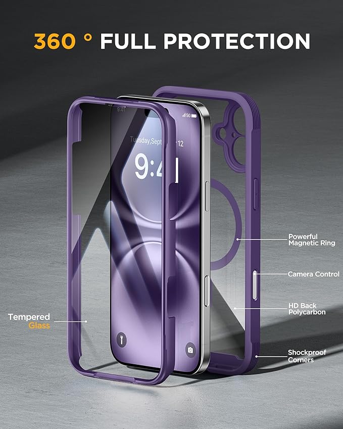 Miracase for iPhone 16 Case 6.1'', [Bubble Free] Full-Body Bumper Phone case with Built-in Full Glass Screen &Lens Protector,No Gap,Compatible with MagSafe,Drop Proof 16 Cover,Purple